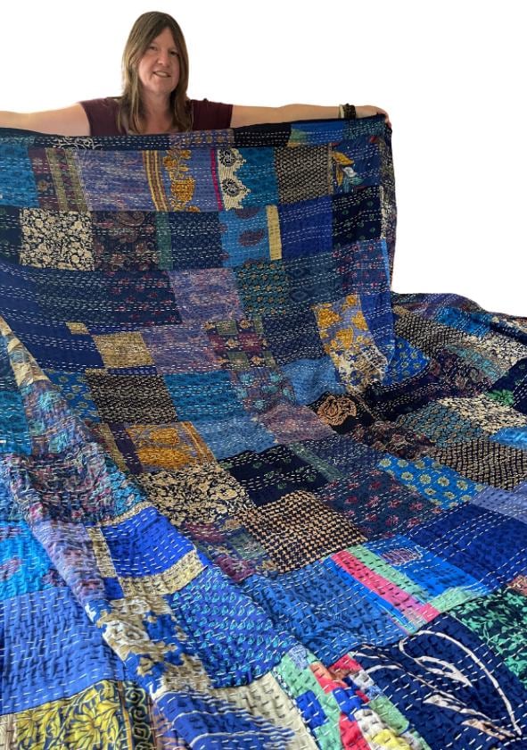 KING SIZE Blue bedspread made from vintage fabrics. Stunning patchwork bed throw. Multi- coloured.