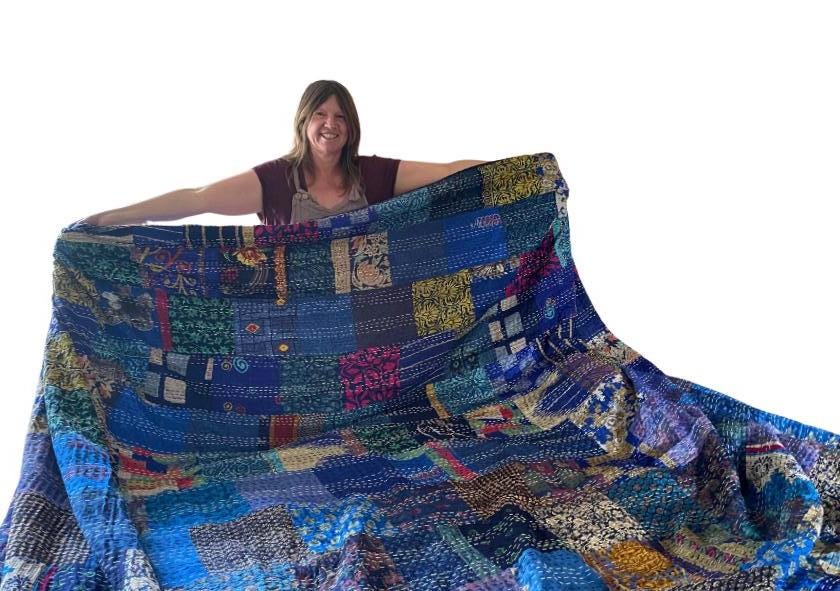 KING SIZE Blue bedspread made from vintage fabrics. Stunning patchwork bed throw. Multi- coloured.