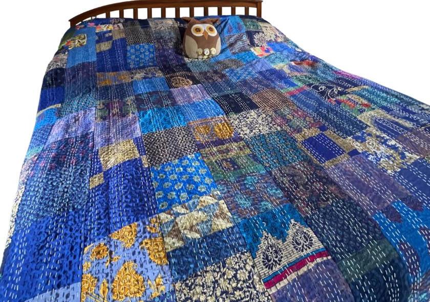 KING SIZE Blue bedspread made from vintage fabrics. Stunning patchwork bed throw. Multi- coloured.