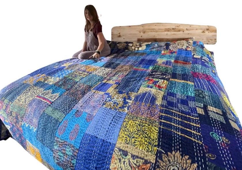 KING SIZE Blue bedspread made from vintage fabrics. Stunning patchwork bed throw. Multi- coloured.