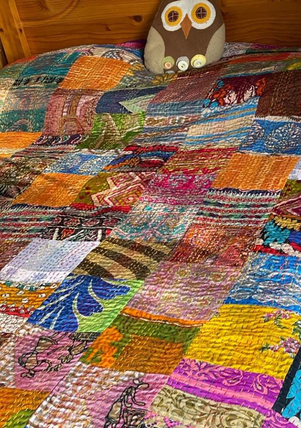 KING SIZE Multi-coloured bedspread made from vintage fabrics. Stunning patchwork bed throw. Multi- coloured.