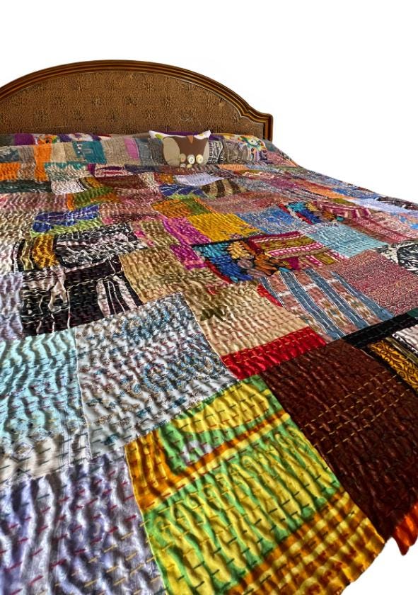 KING SIZE Multi-coloured bedspread made from vintage fabrics. Stunning patchwork bed throw. Multi- coloured.