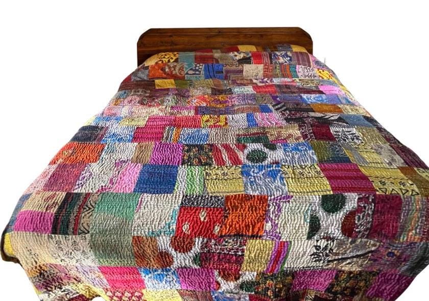 KING SIZE Multi-coloured bedspread made from vintage fabrics. Stunning patchwork bed throw. Multi- coloured.