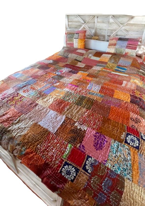KING SIZE Orange bedspread made from vintage fabrics. Stunning patchwork bed throw. Multi- coloured.