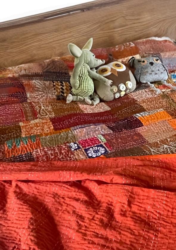 KING SIZE Orange bedspread made from vintage fabrics. Stunning patchwork bed throw. Multi- coloured.