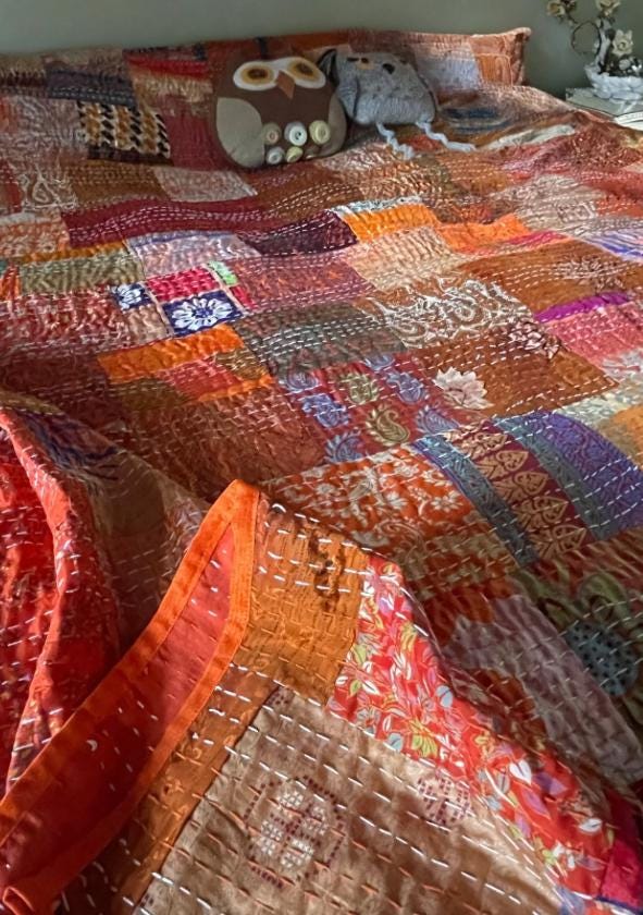KING SIZE Orange bedspread made from vintage fabrics. Stunning patchwork bed throw. Multi- coloured.