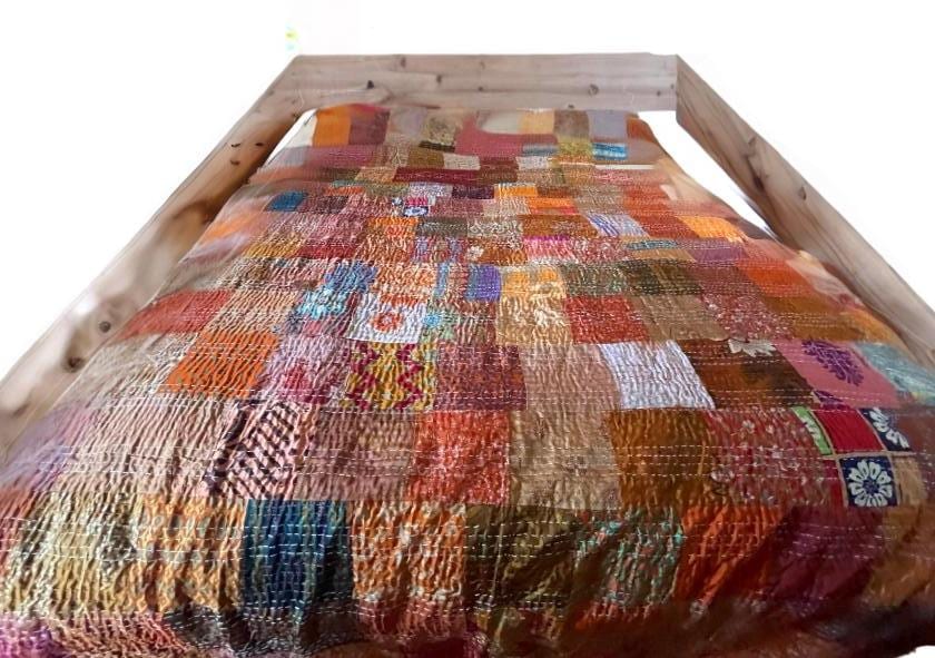 KING SIZE Orange bedspread made from vintage fabrics. Stunning patchwork bed throw. Multi- coloured.