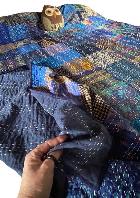 KING SIZE Blue bedspread made from vintage fabrics. Stunning patchwork bed throw. Multi- coloured.