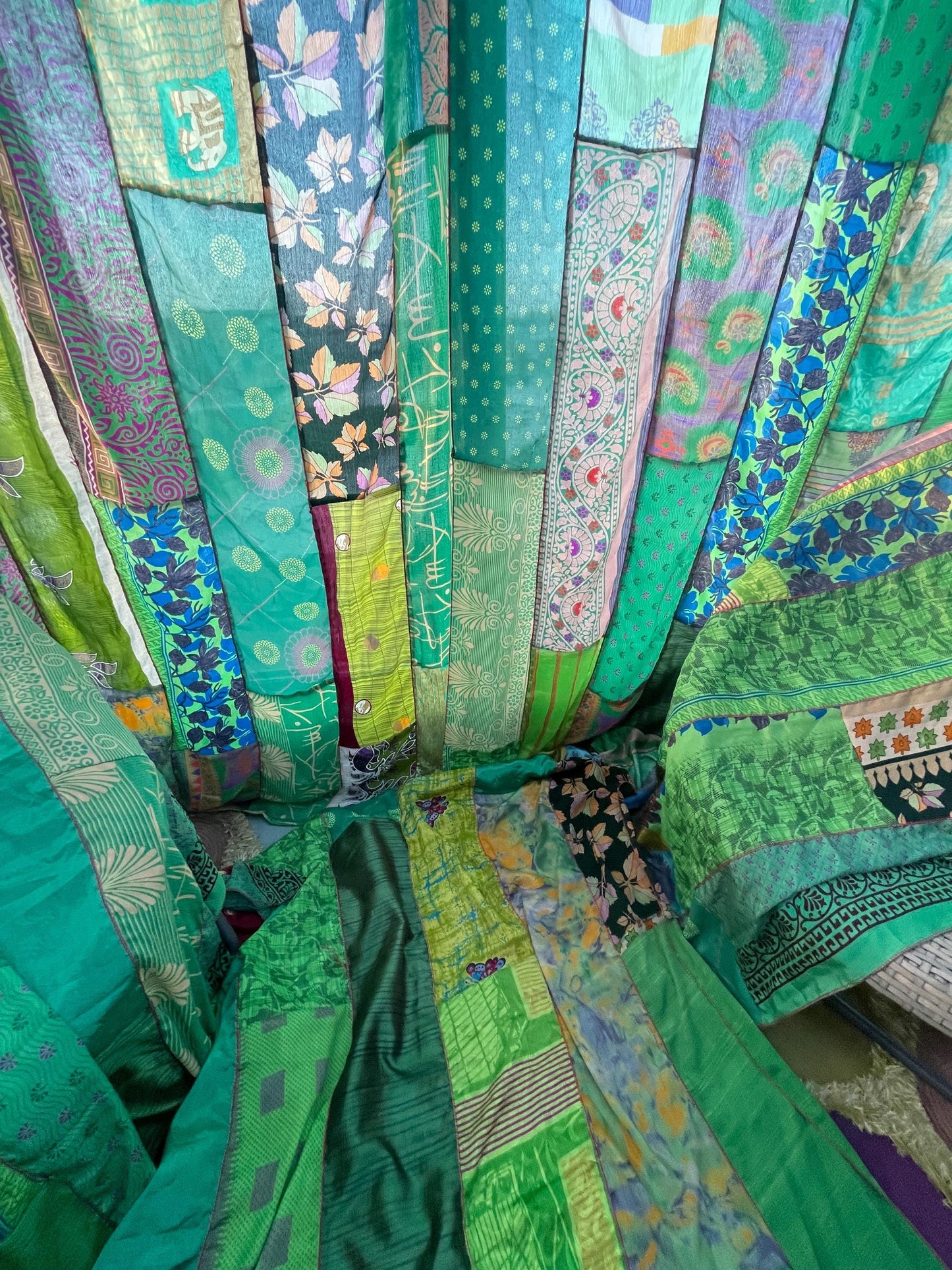 Handmade green curtains, Recycled Vintage Curtains, Boho Style, Ethical Furnishings, Romantic Gift, Unique Home decor, eco friendly curtains