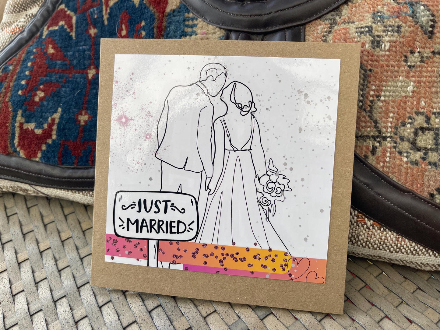 Just married card, recycled handmade wedding card. Homemade wedding card. Eco friendly wedding card. Recycled wedding card.