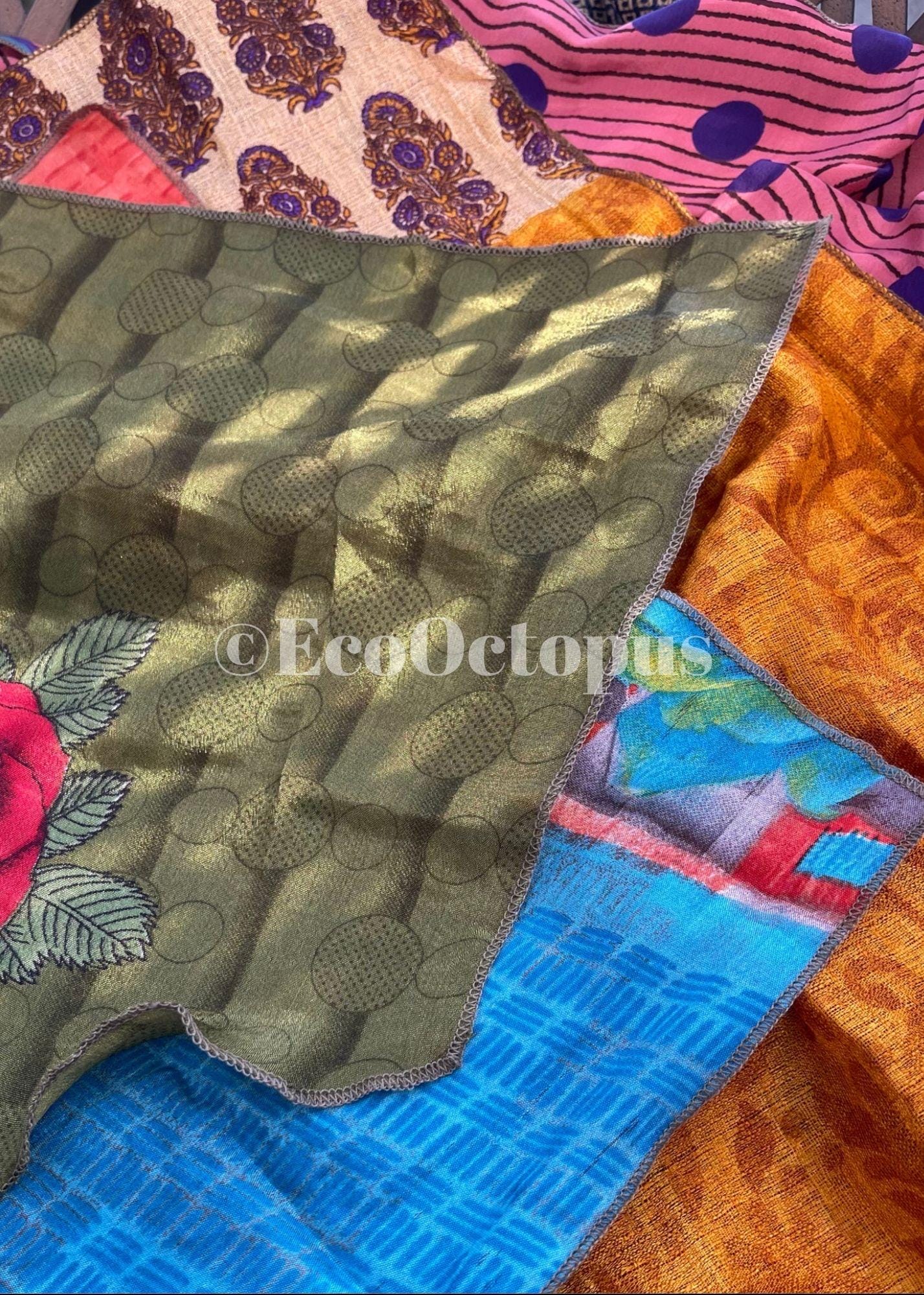 8 pieces of eco friendly sari gift wrap. Made from vintage silks. Ethical stationery. Eco friendly gifts. Re-usable recycled gift wrap.