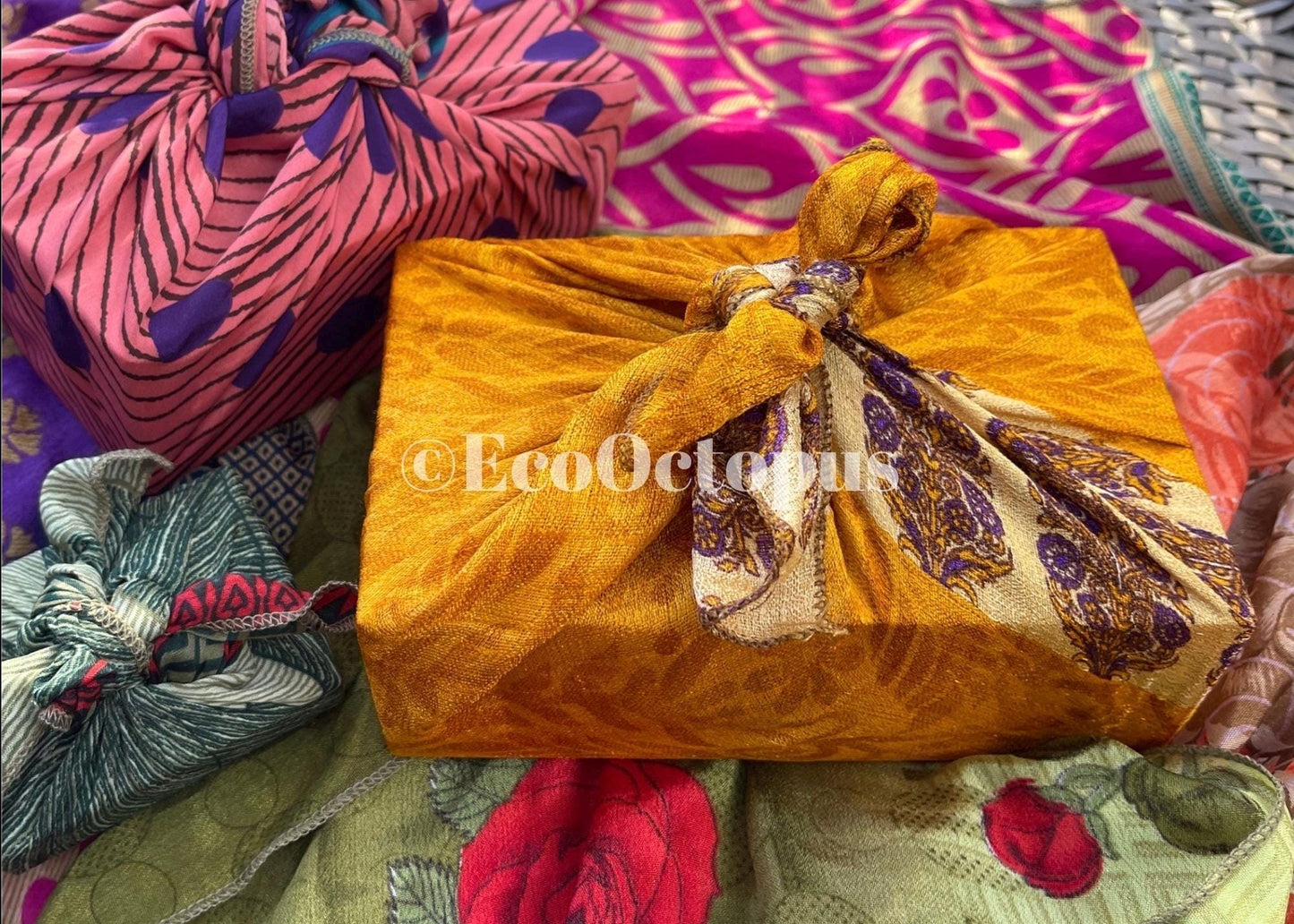 8 pieces of eco friendly sari gift wrap. Made from vintage silks. Ethical stationery. Eco friendly gifts. Re-usable recycled gift wrap.