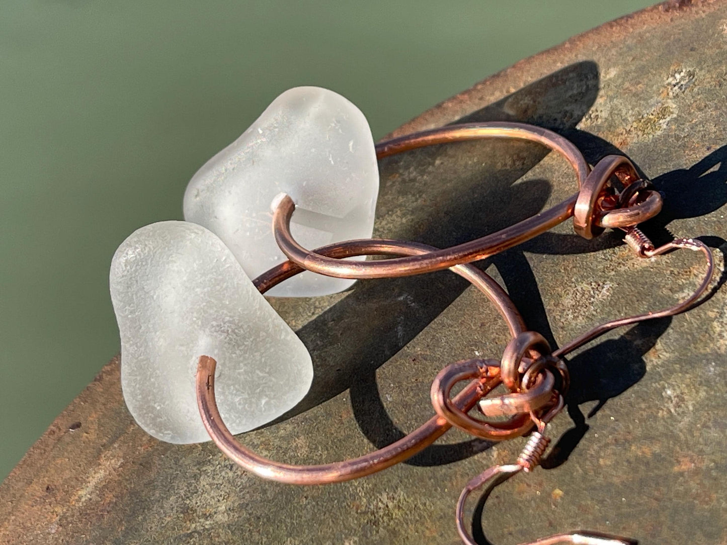 Eco friendly white sea glass and recycled copper earrings. Unique earrings, ethical jewellery, unusual boho jewellery, sea glass jewellery.