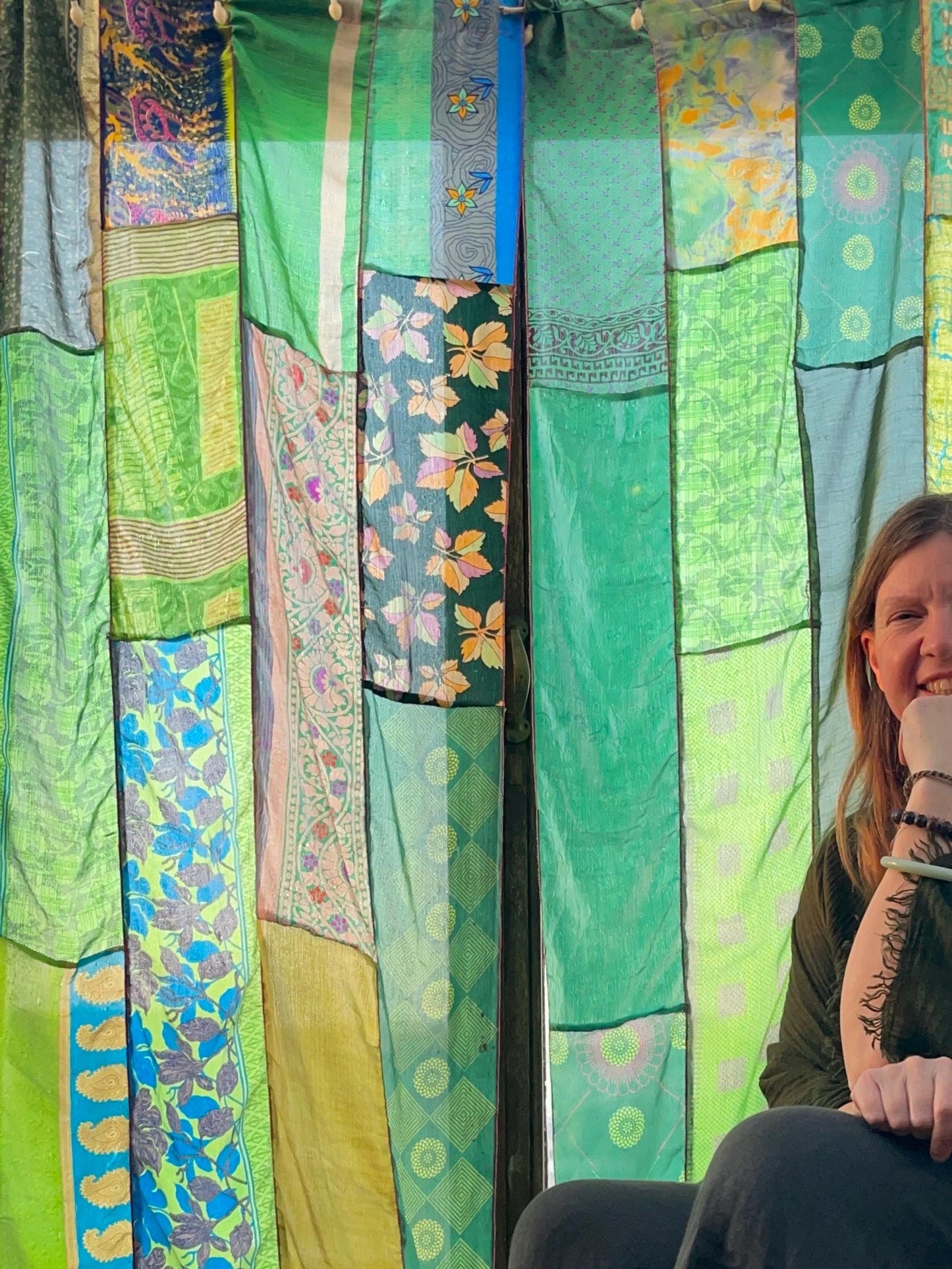 Handmade green curtains, Recycled Vintage Curtains, Boho Style, Ethical Furnishings, Romantic Gift, Unique Home decor, eco friendly curtains