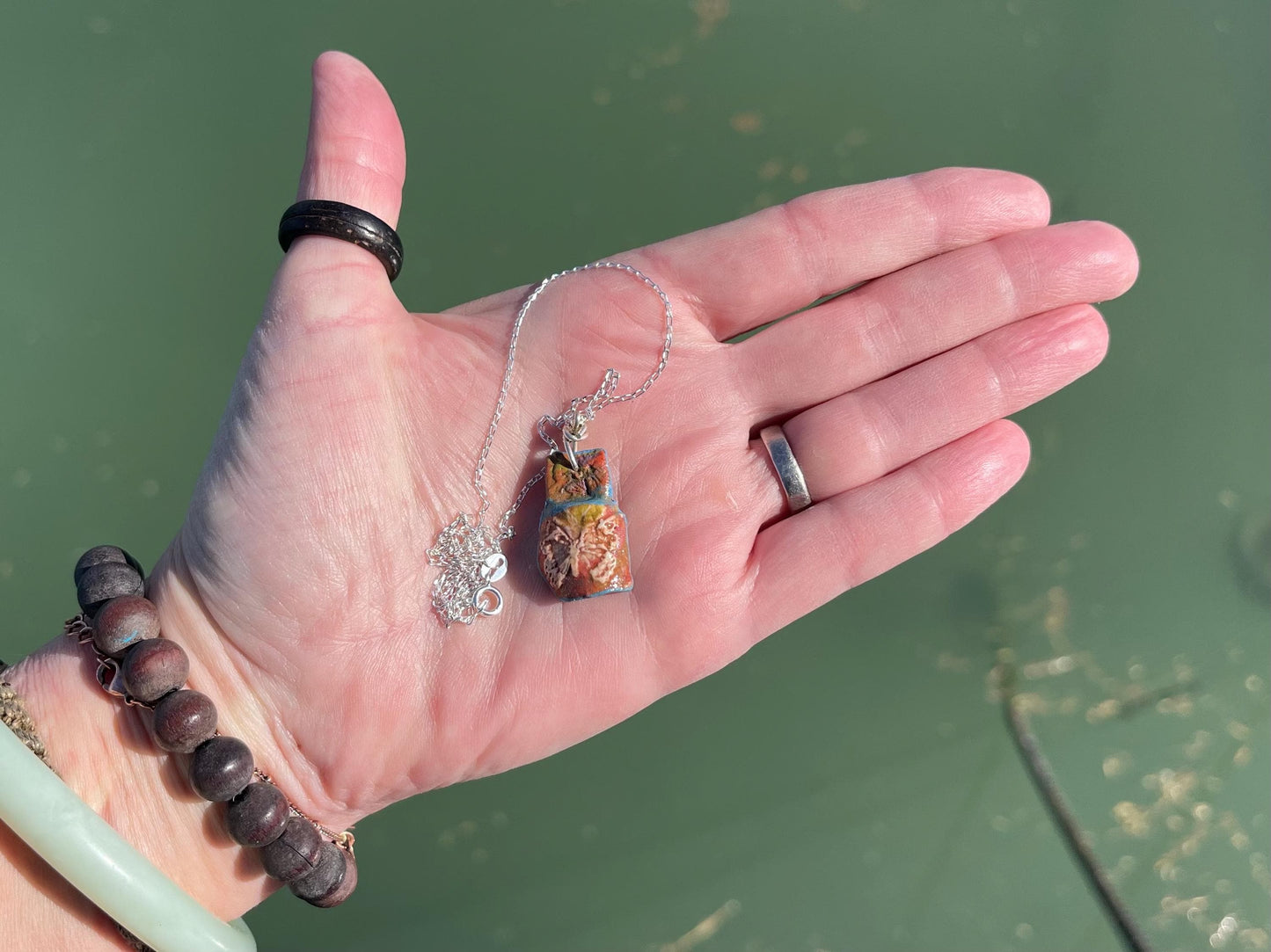 Handmade Butterfly Necklace hung on recycled sterling silver. Unique Boho Jewellery.  Ceramic  butterfly pendant.