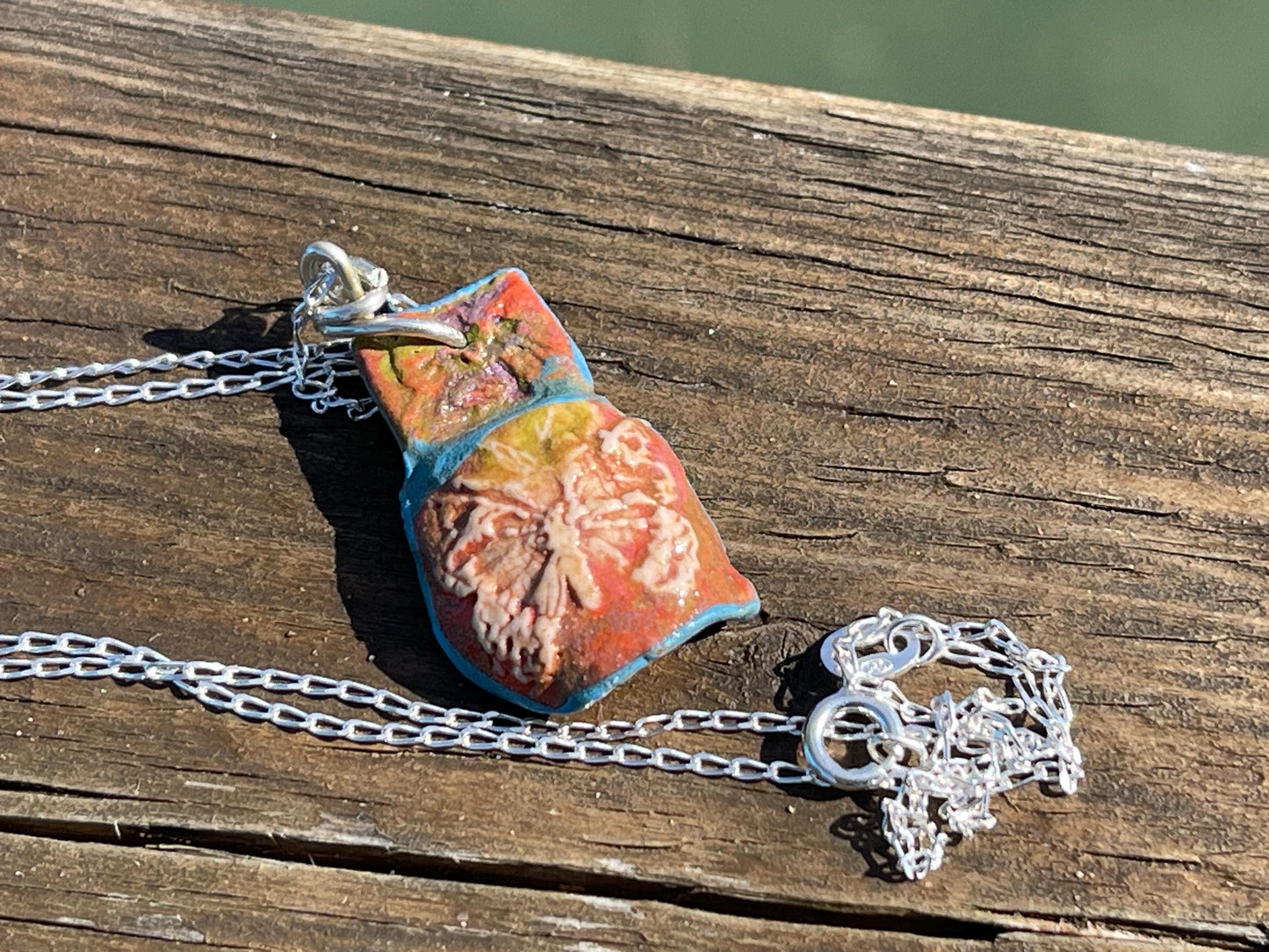 Handmade Butterfly Necklace hung on recycled sterling silver. Unique Boho Jewellery.  Ceramic  butterfly pendant.