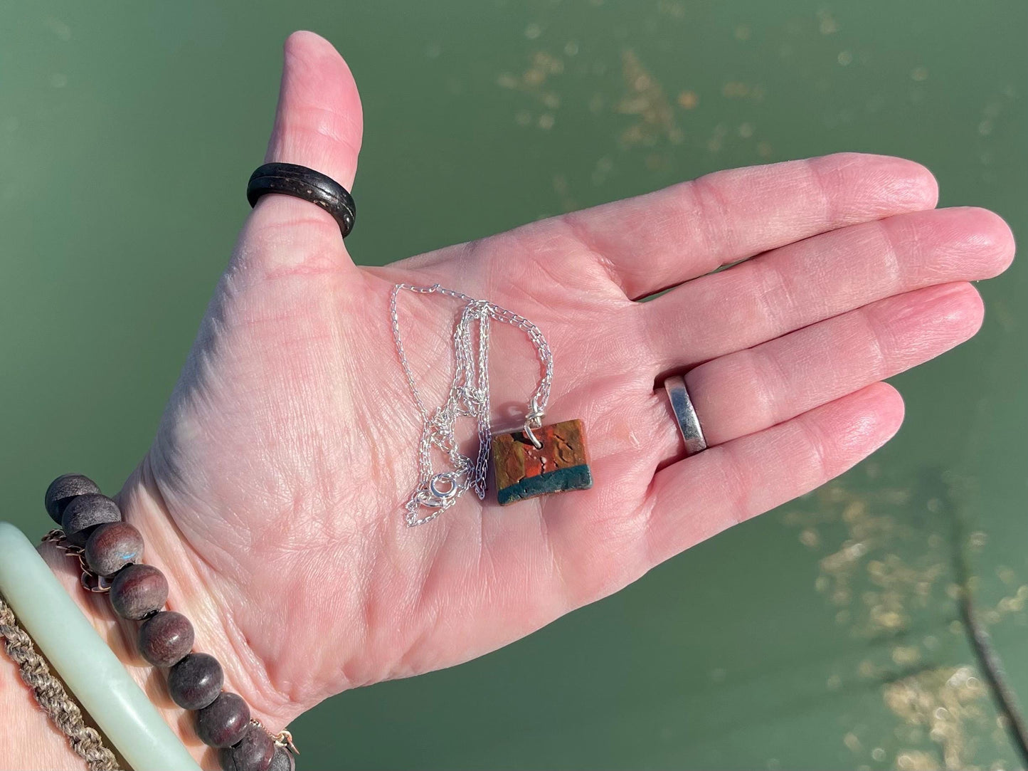 Handmade eco friendly necklace hung on recycled sterling silver. Unique Boho Jewellery.  Ceramic rustic pendant. Earthy jewellery.