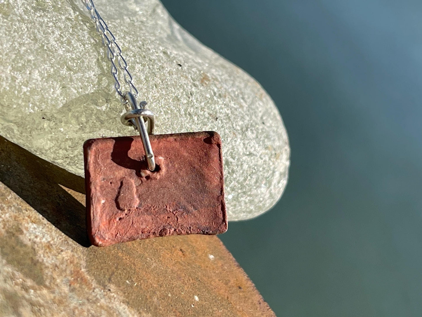Handmade eco friendly necklace hung on recycled sterling silver. Unique Boho Jewellery.  Ceramic rustic pendant. Earthy jewellery.