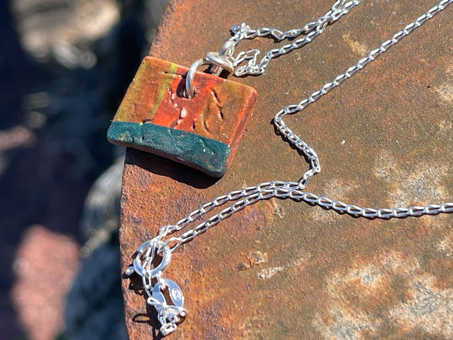 Handmade eco friendly necklace hung on recycled sterling silver. Unique Boho Jewellery.  Ceramic rustic pendant. Earthy jewellery.