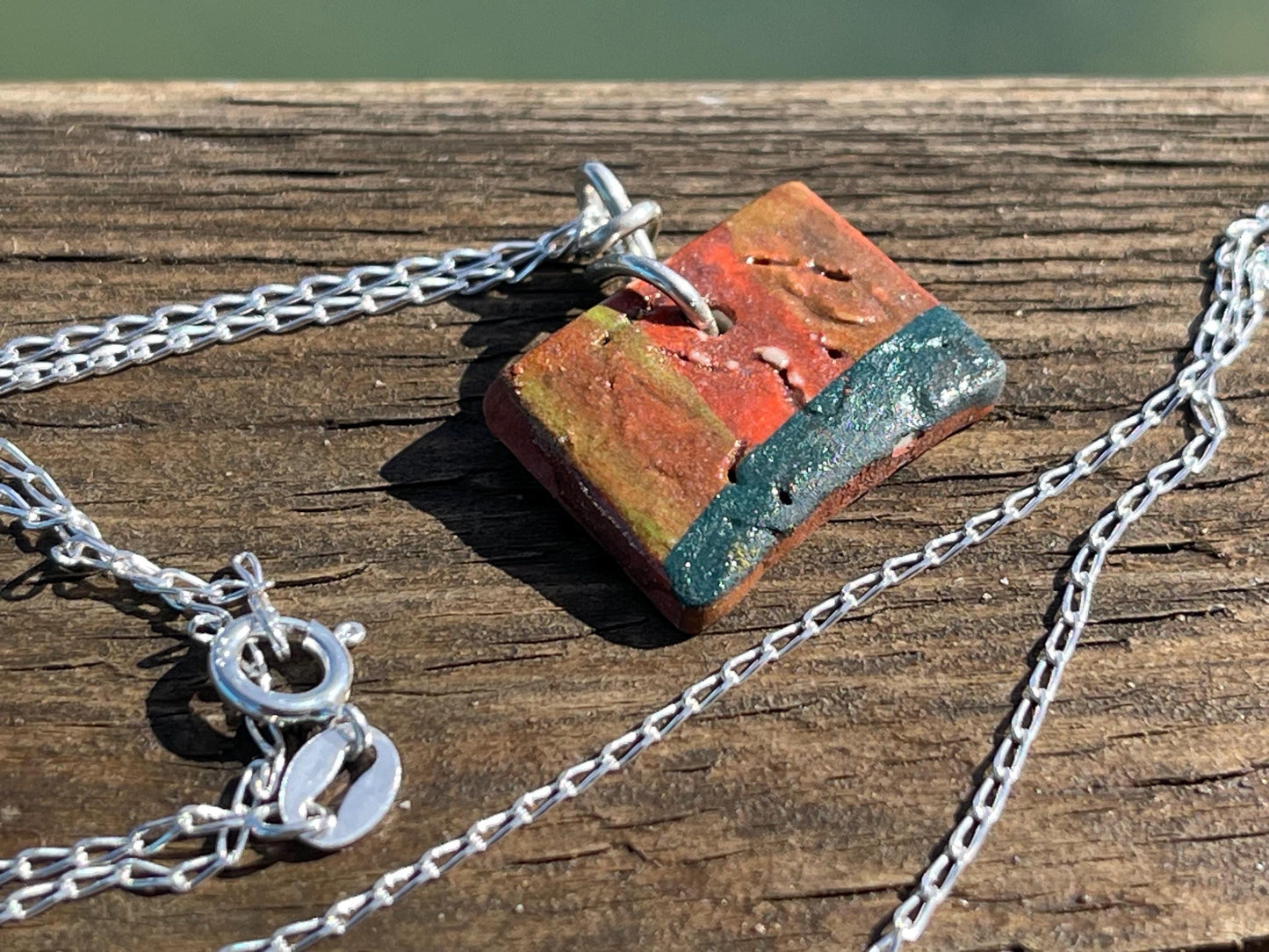Handmade eco friendly necklace hung on recycled sterling silver. Unique Boho Jewellery.  Ceramic rustic pendant. Earthy jewellery.