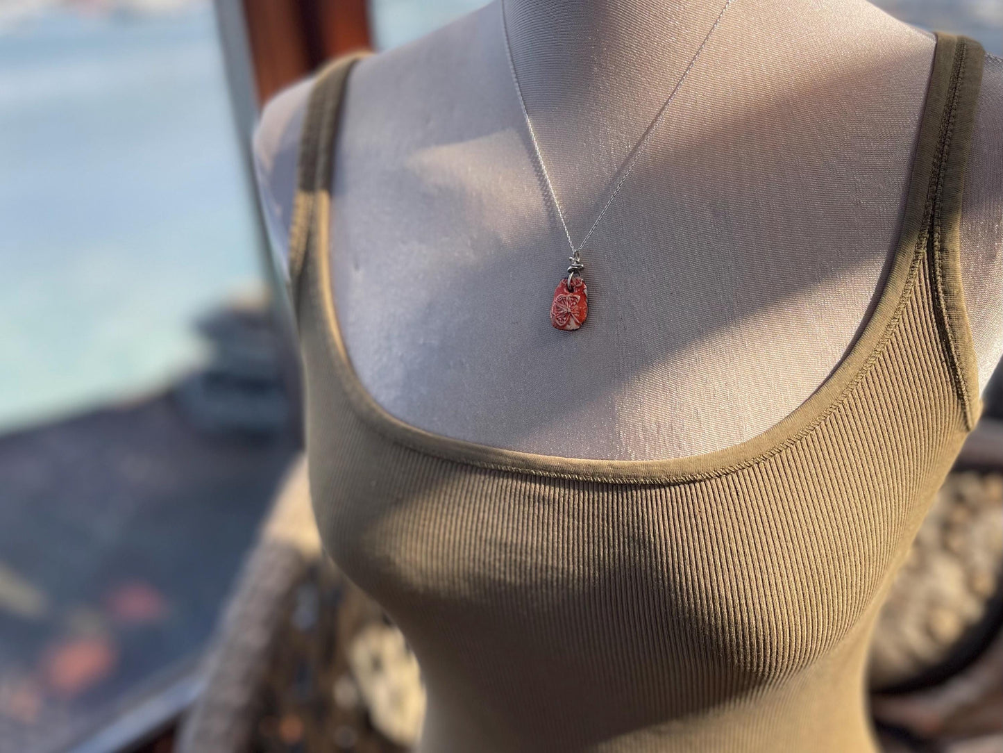 Handmade eco friendly necklace hung on recycled sterling silver. Unique Boho Jewellery.  Ceramic rustic pendant. Earthy jewellery. Butterfly