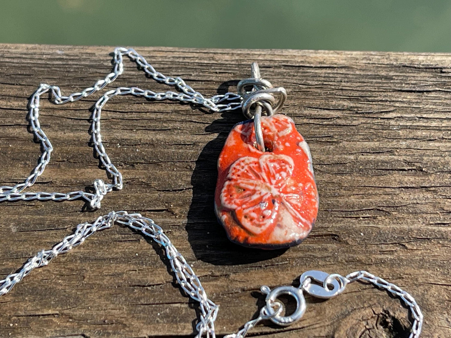 Handmade eco friendly necklace hung on recycled sterling silver. Unique Boho Jewellery.  Ceramic rustic pendant. Earthy jewellery. Butterfly