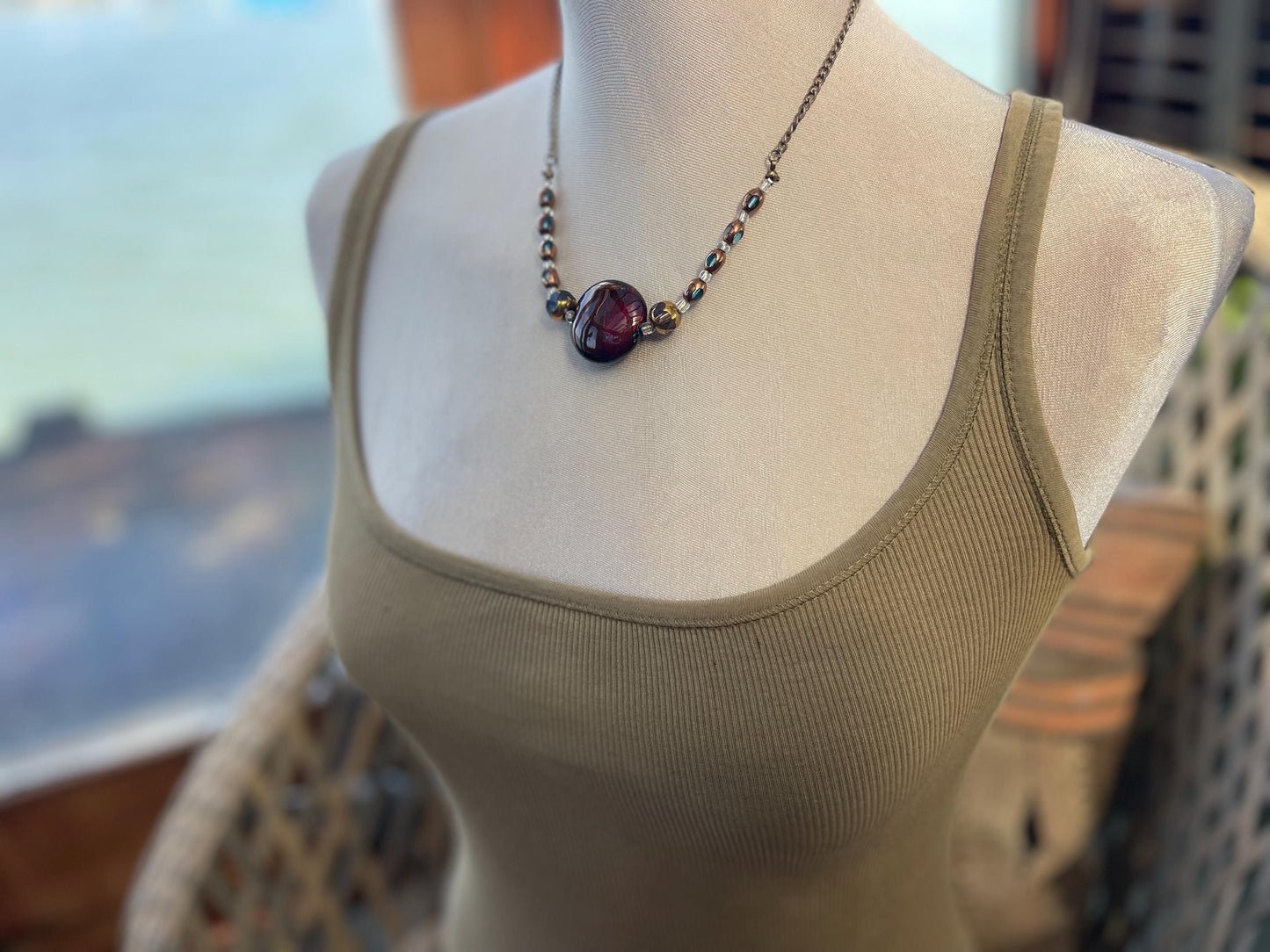 Stunning vintage necklace. Earthy deep maroon colour. Eco friendly jewellery. Ehical jewellery, short length necklace. Vintage jewellery.