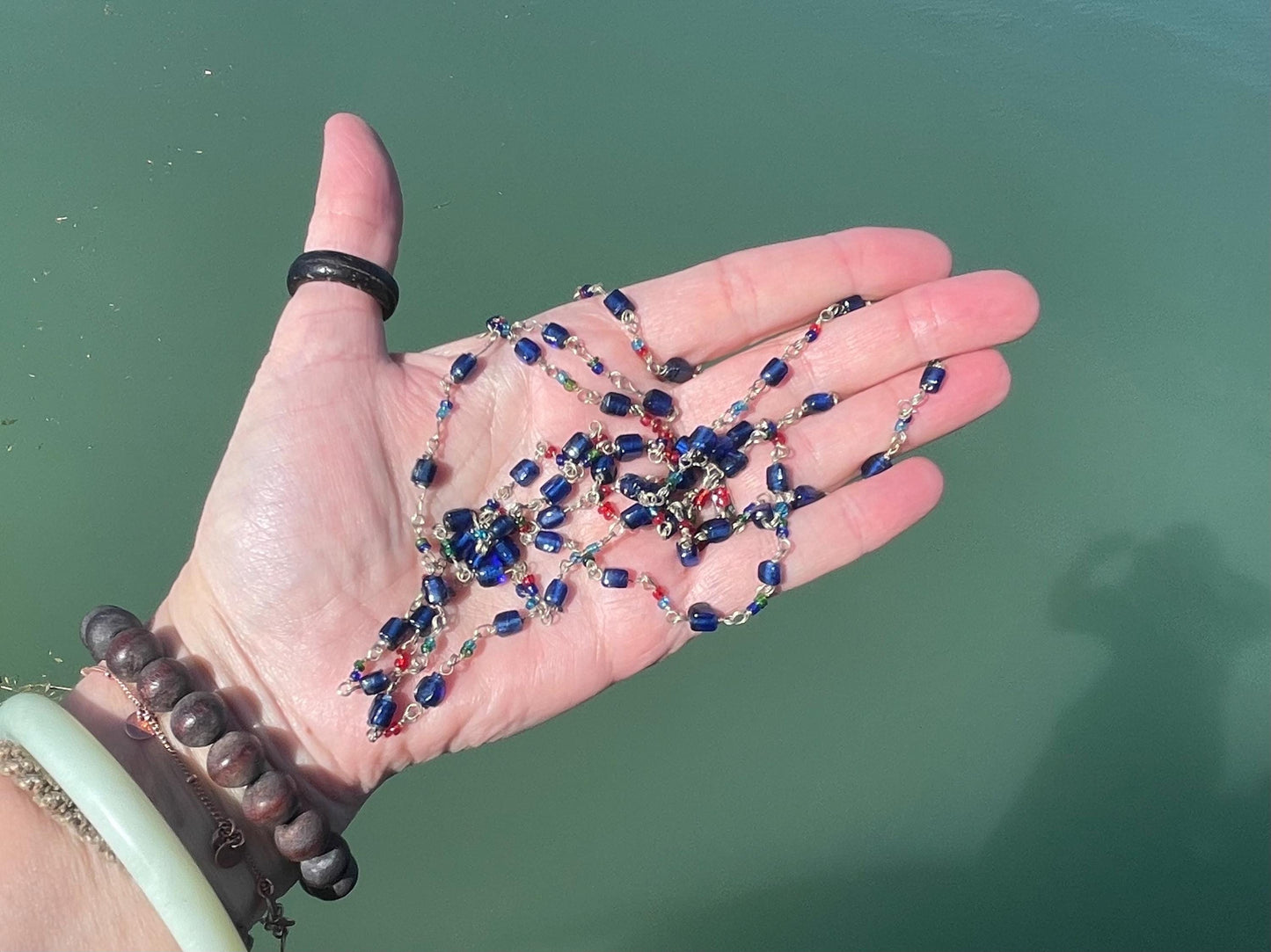 Stunning vintage necklace. Blue glass beads. Wedding jewellery. Eco friendly jewellery. Ehical jewellery, long length beaded necklace.