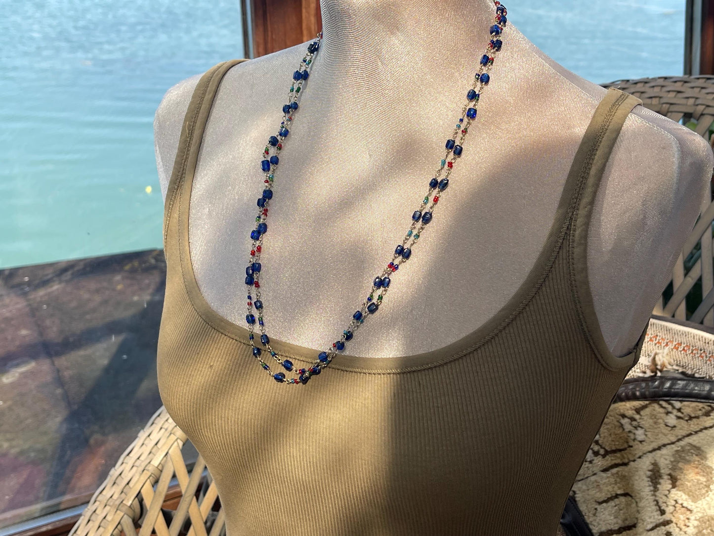 Stunning vintage necklace. Blue glass beads. Wedding jewellery. Eco friendly jewellery. Ehical jewellery, long length beaded necklace.