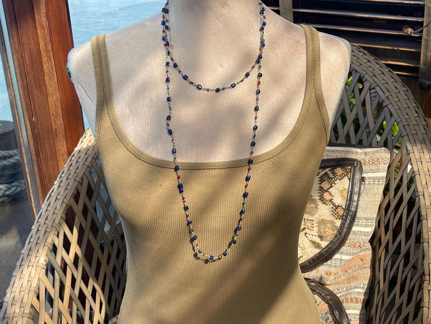 Stunning vintage necklace. Blue glass beads. Wedding jewellery. Eco friendly jewellery. Ehical jewellery, long length beaded necklace.
