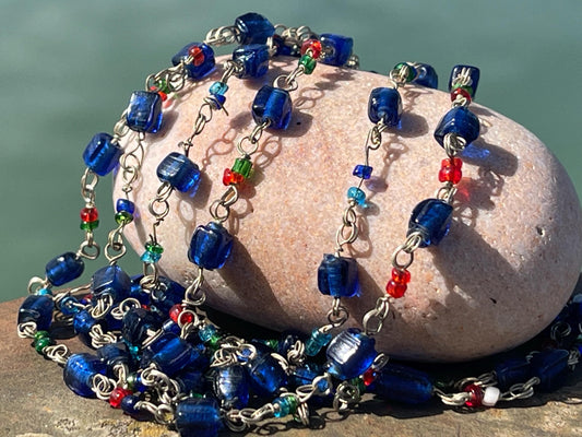 Stunning vintage necklace. Blue glass beads. Wedding jewellery. Eco friendly jewellery. Ehical jewellery, long length beaded necklace.