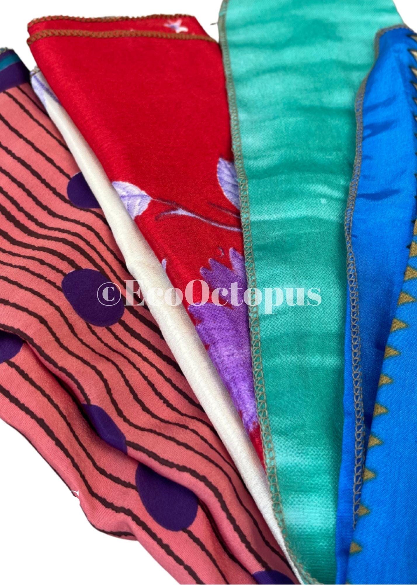 8 pieces of eco friendly sari gift wrap. Made from vintage silks. Ethical stationery. Eco friendly gifts. Re-usable recycled gift wrap.