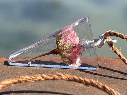 Handmade rose pendant wrapped in recycled sterling silver. Romantic handmade jewellery. Eco friendly jewellery. Ethical jewellery.