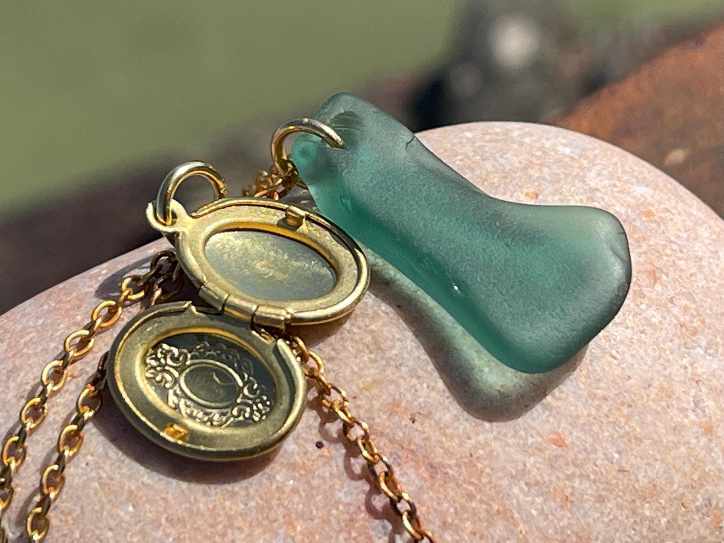 Recycled necklace, boho gift for her, ethical jewellery, eco friendly jewellery, sea glass necklace, sea glass jewellery. Locket necklace