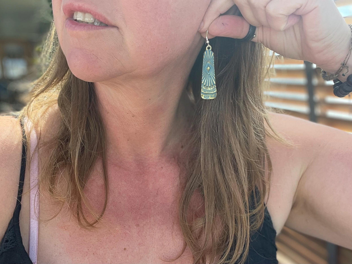 Aztec patina earrings, boho earrings, Musial earrings, funky gift for her, boho jewellery, blue metal earrings on sterling silver hooks.