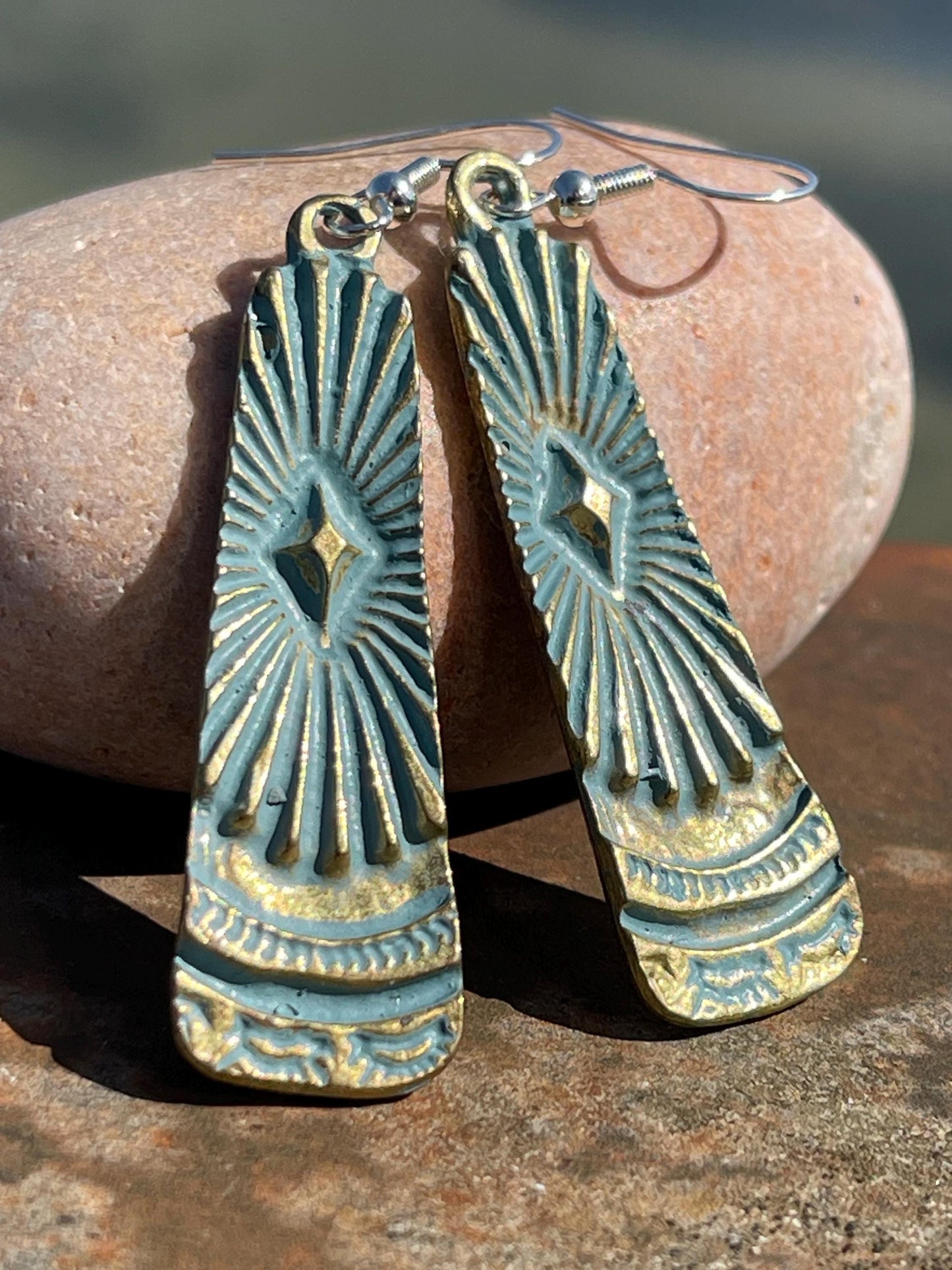 Aztec patina earrings, boho earrings, Musial earrings, funky gift for her, boho jewellery, blue metal earrings on sterling silver hooks.