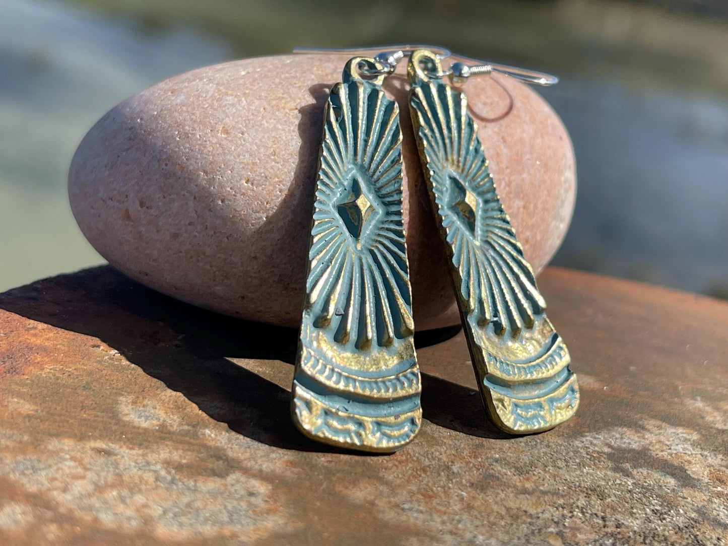 Aztec patina earrings, boho earrings, Musial earrings, funky gift for her, boho jewellery, blue metal earrings on sterling silver hooks.