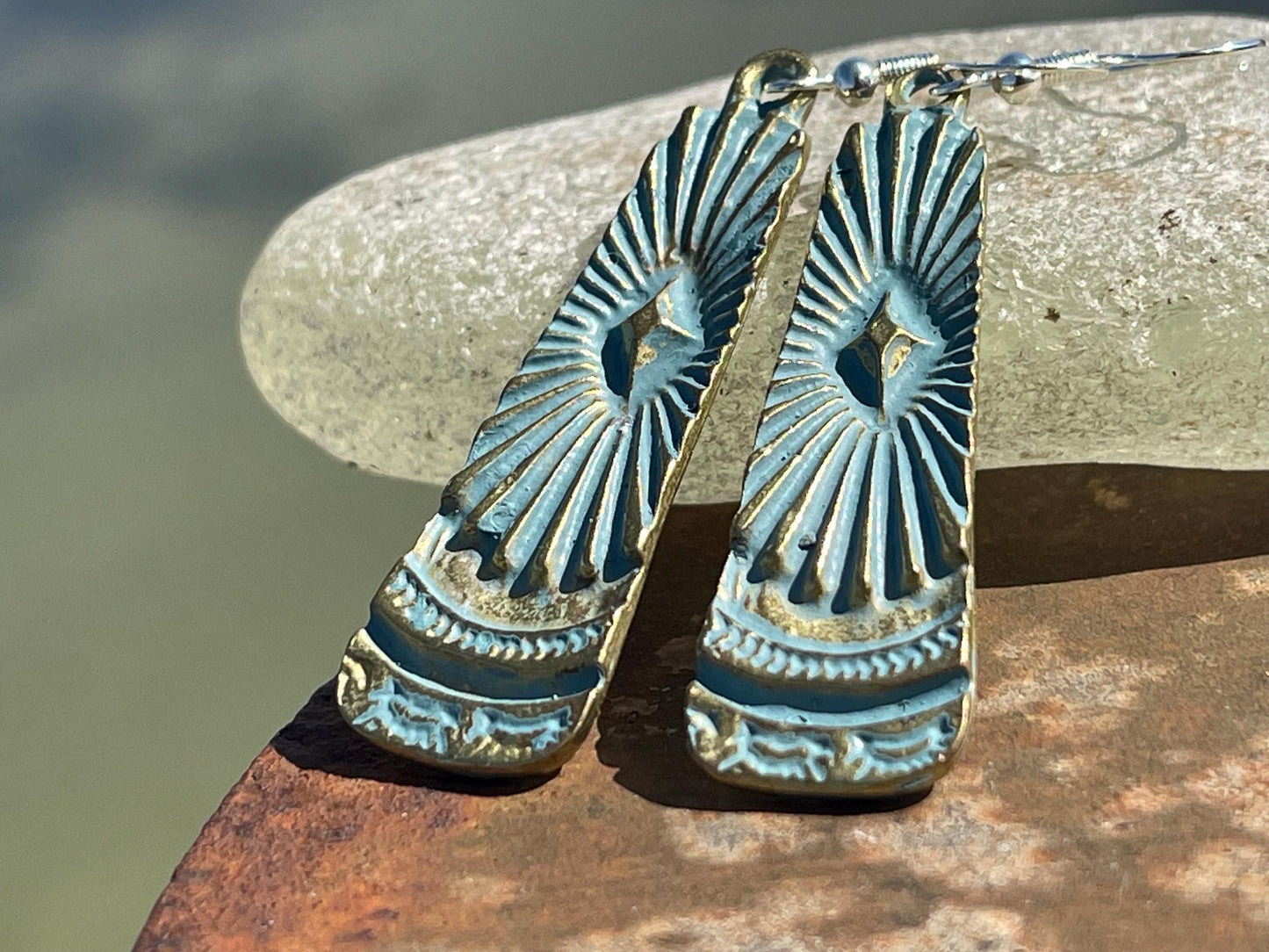 Aztec patina earrings, boho earrings, Musial earrings, funky gift for her, boho jewellery, blue metal earrings on sterling silver hooks.