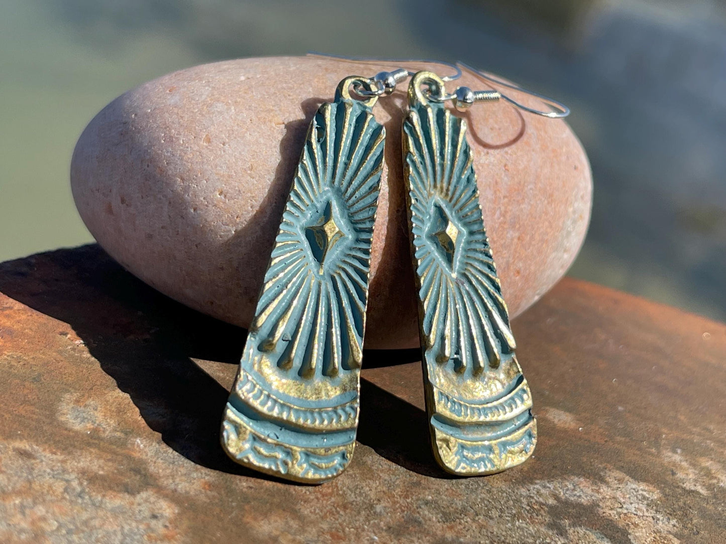Aztec patina earrings, boho earrings, Musial earrings, funky gift for her, boho jewellery, blue metal earrings on sterling silver hooks.