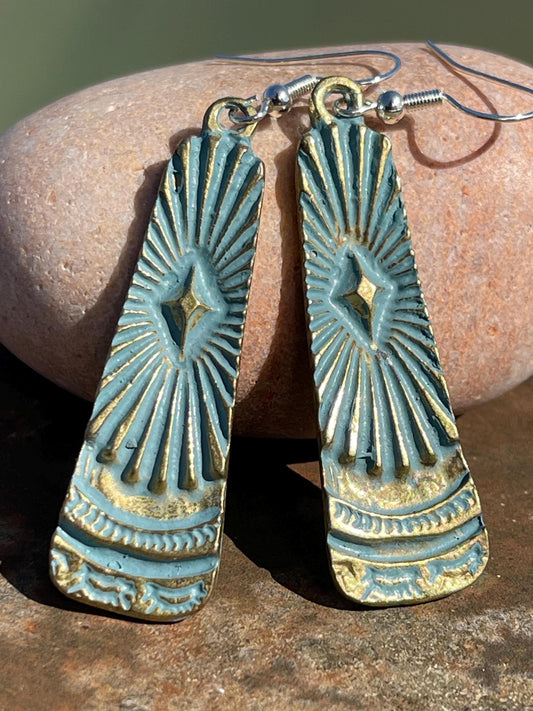 Aztec patina earrings, boho earrings, Musial earrings, funky gift for her, boho jewellery, blue metal earrings on sterling silver hooks.