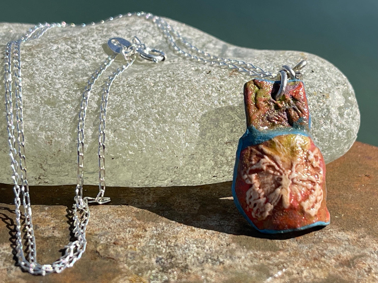 Handmade Butterfly Necklace hung on recycled sterling silver. Unique Boho Jewellery.  Ceramic  butterfly pendant.