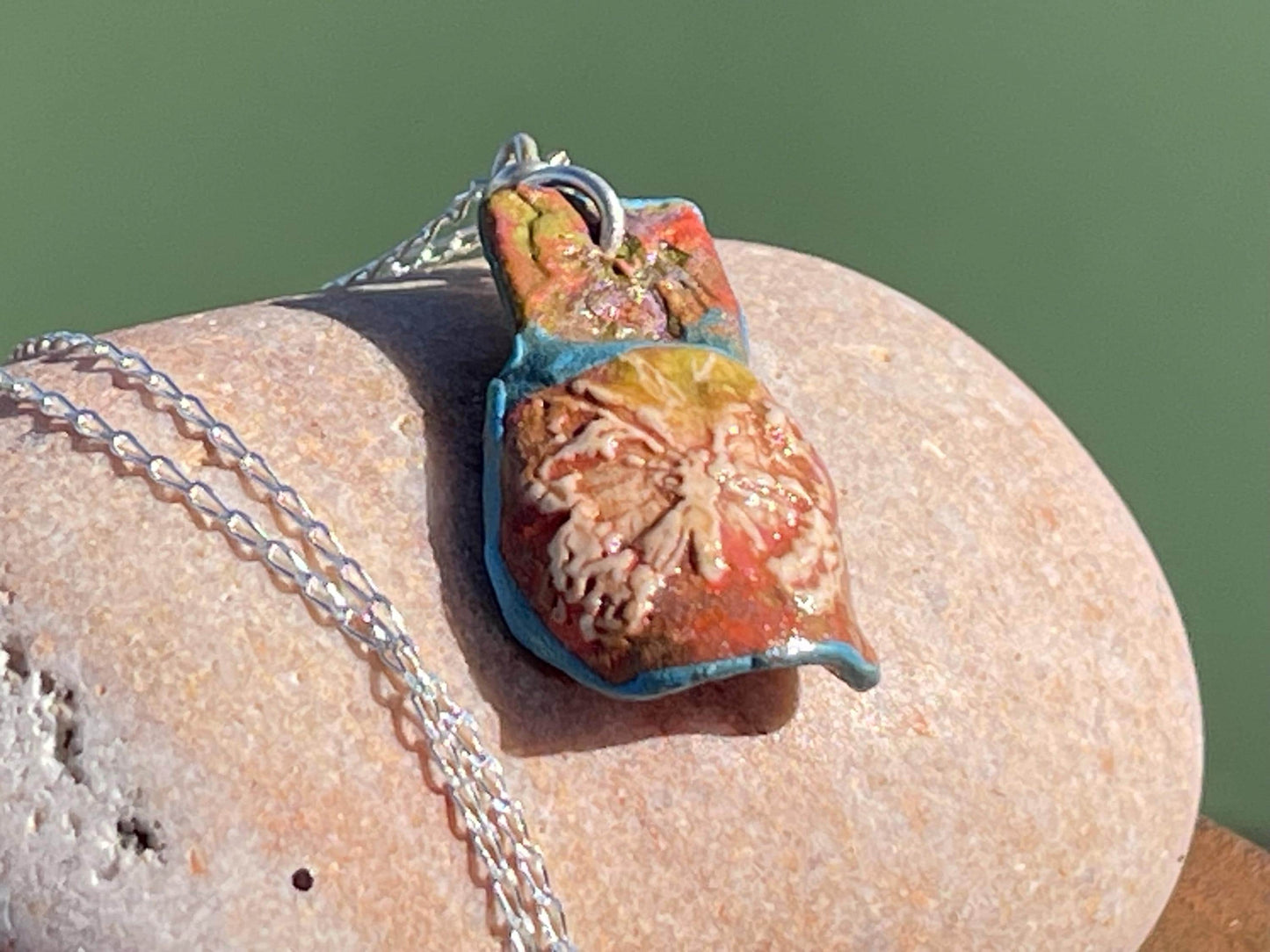 Handmade Butterfly Necklace hung on recycled sterling silver. Unique Boho Jewellery.  Ceramic  butterfly pendant.