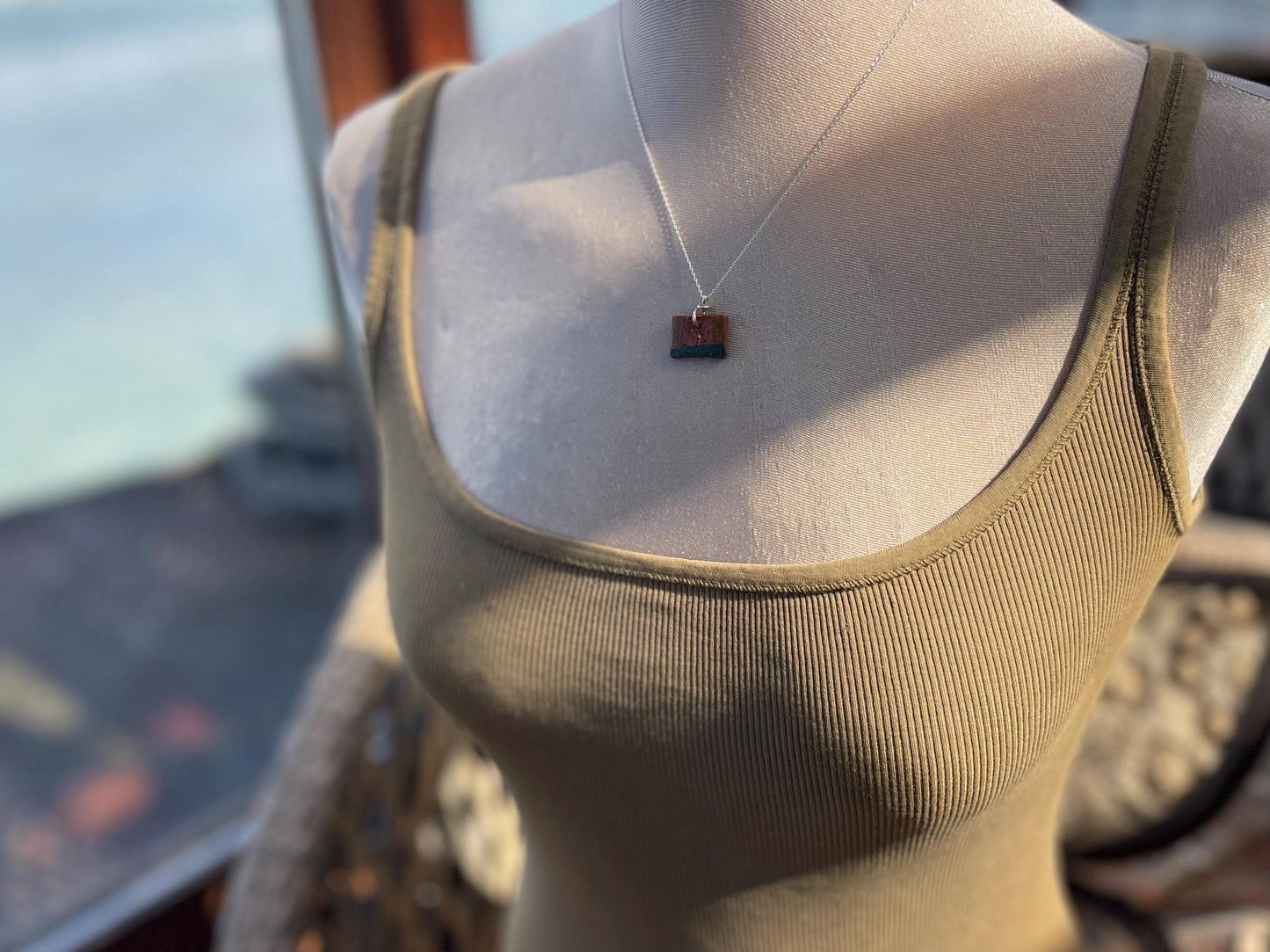 Handmade eco friendly necklace hung on recycled sterling silver. Unique Boho Jewellery.  Ceramic rustic pendant. Earthy jewellery.