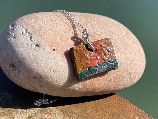Handmade eco friendly necklace hung on recycled sterling silver. Unique Boho Jewellery.  Ceramic rustic pendant. Earthy jewellery.