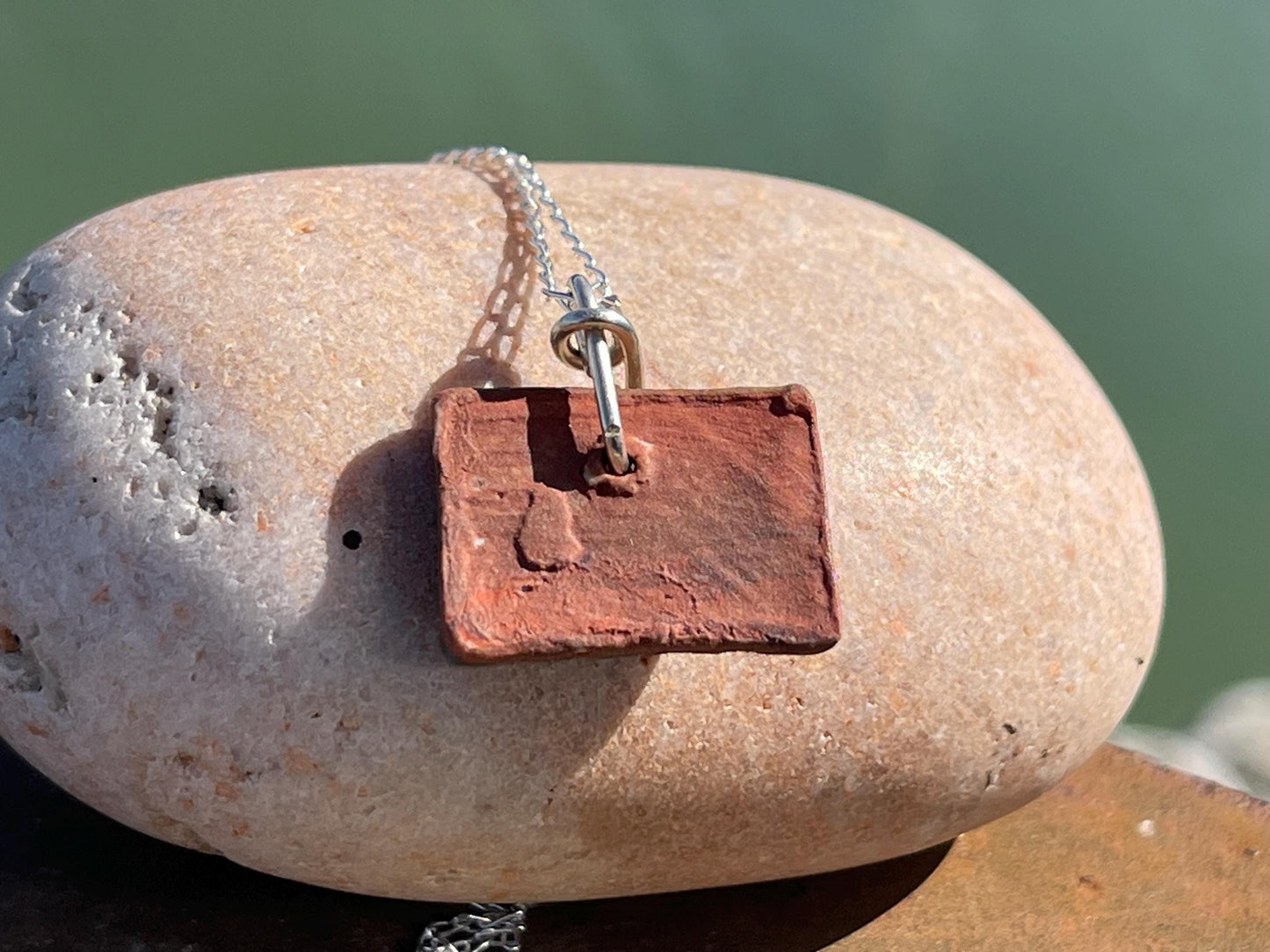 Handmade eco friendly necklace hung on recycled sterling silver. Unique Boho Jewellery.  Ceramic rustic pendant. Earthy jewellery.