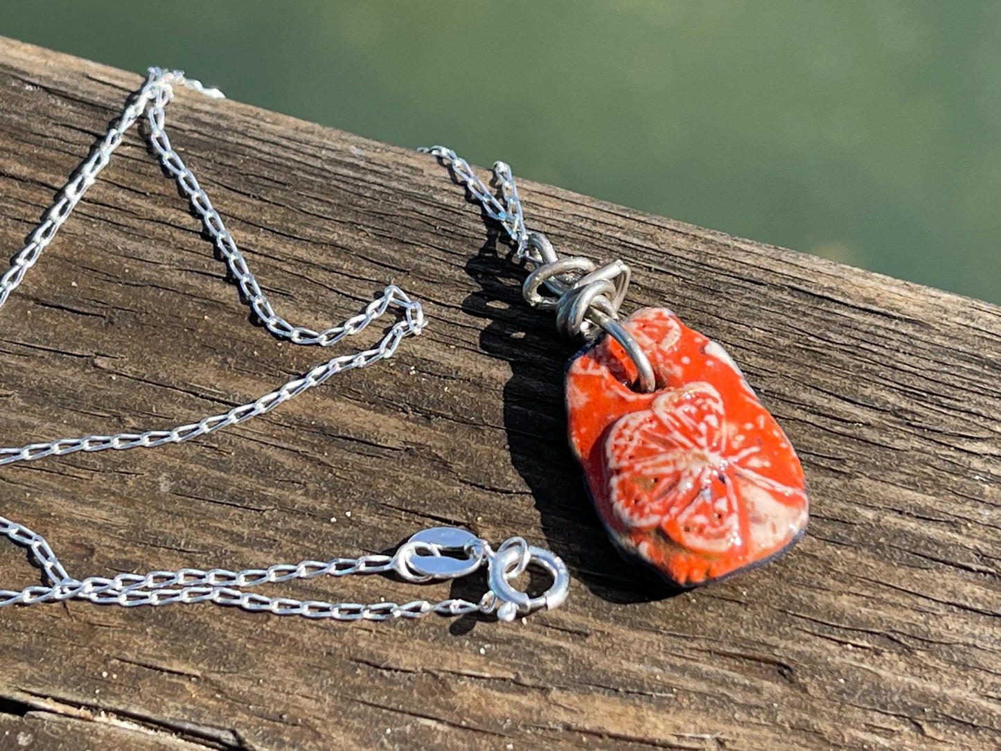 Handmade eco friendly necklace hung on recycled sterling silver. Unique Boho Jewellery.  Ceramic rustic pendant. Earthy jewellery. Butterfly