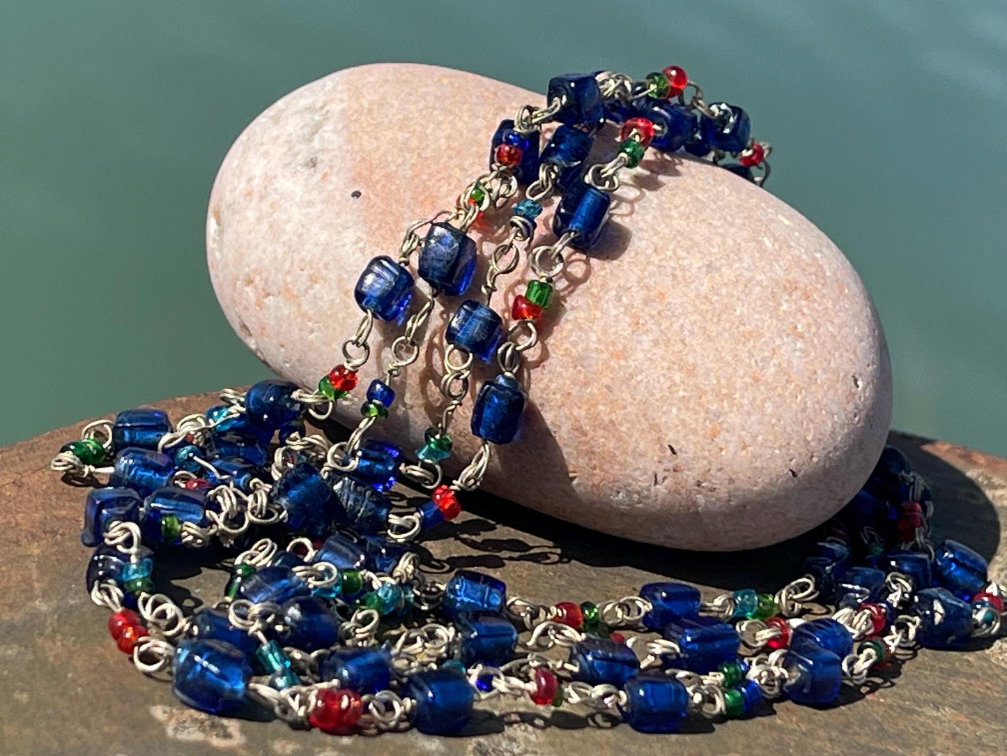 Stunning vintage necklace. Blue glass beads. Wedding jewellery. Eco friendly jewellery. Ehical jewellery, long length beaded necklace.