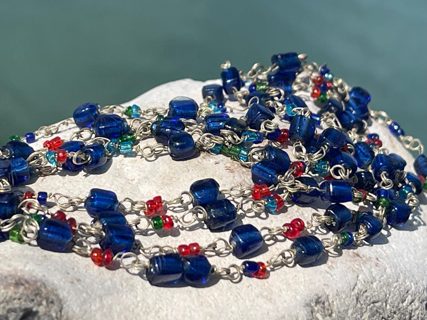 Stunning vintage necklace. Blue glass beads. Wedding jewellery. Eco friendly jewellery. Ehical jewellery, long length beaded necklace.