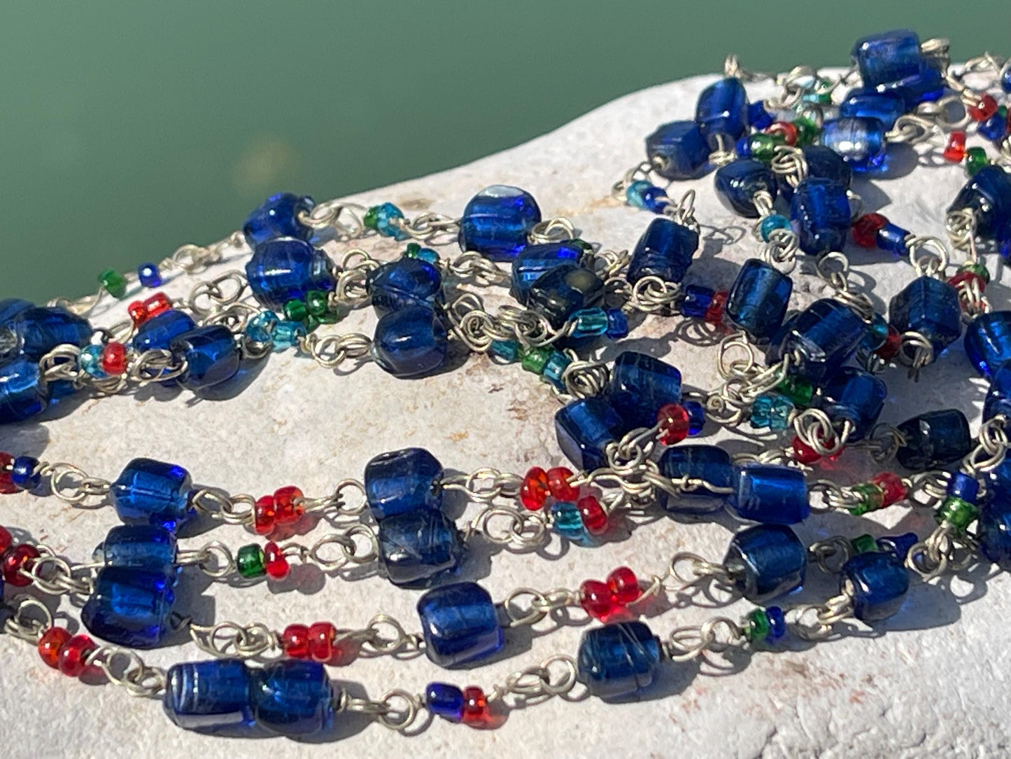 Stunning vintage necklace. Blue glass beads. Wedding jewellery. Eco friendly jewellery. Ehical jewellery, long length beaded necklace.