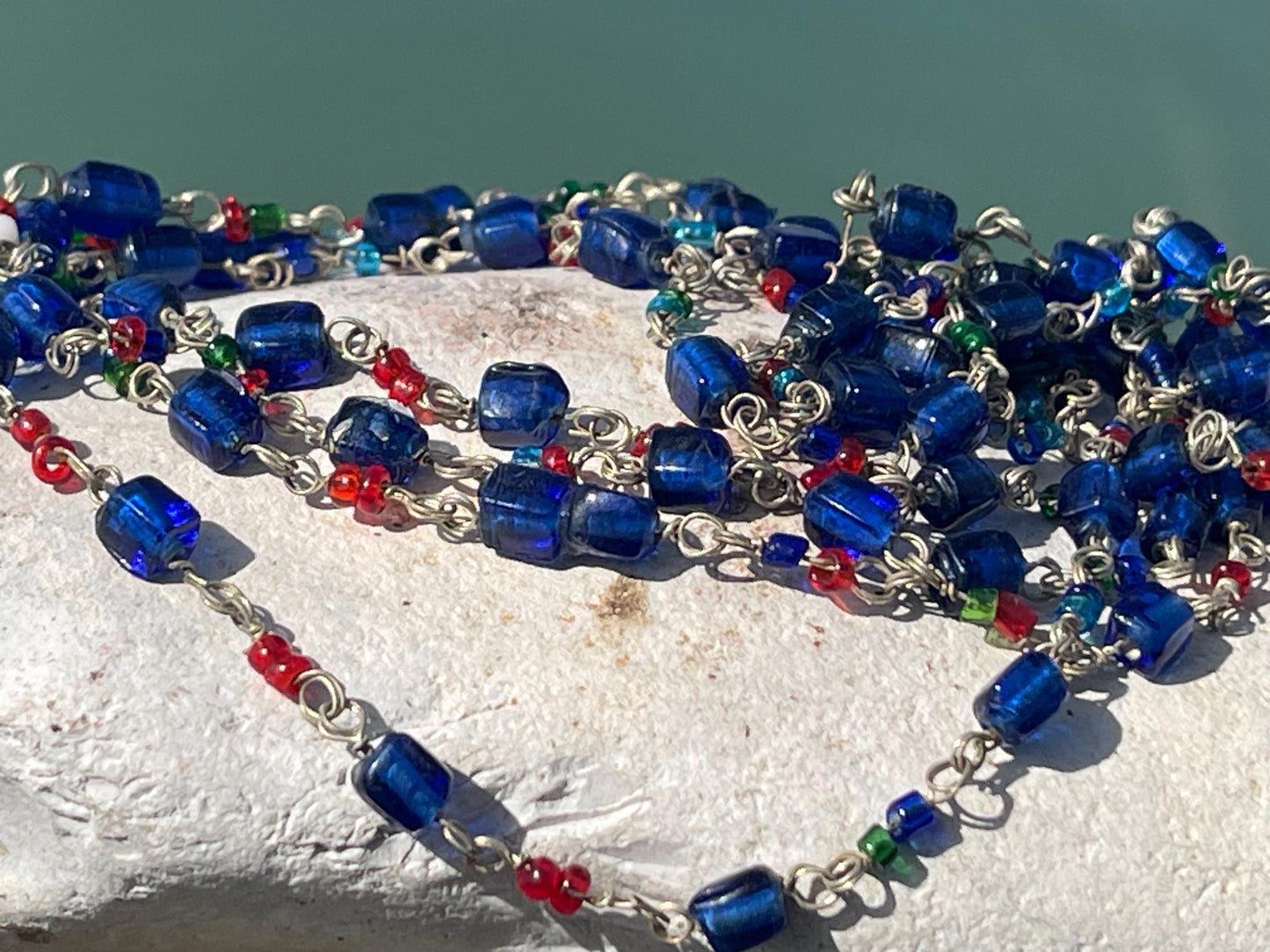 Stunning vintage necklace. Blue glass beads. Wedding jewellery. Eco friendly jewellery. Ehical jewellery, long length beaded necklace.